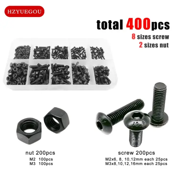 400pcs M2 M3 10 Sizes Allen Hexagon Hex Socket Button Head Screw Bolt Hex Nut Set Mix Assortment Kit Box Black Grade 10.9 Steel