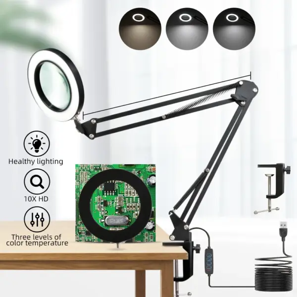 LED Desk Light with Magnifier 3 color Dimmable Eye-Care USB Reading Table Light for Work Repair Skincare Beauty Memory Function