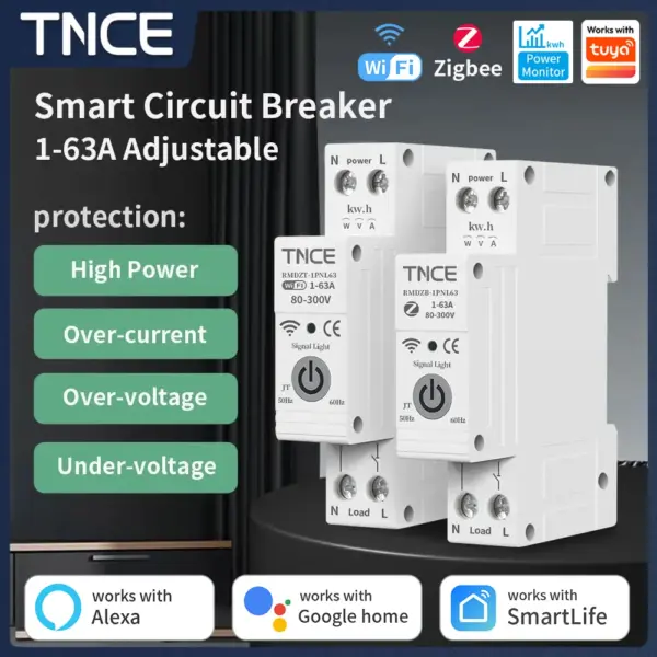TNCE tuya Circuit Breaker 1P+N WIFI,1-63A adjustment MCB, smart Power Energy switch kWh UnderVoltage OverCurrent Meter Protector