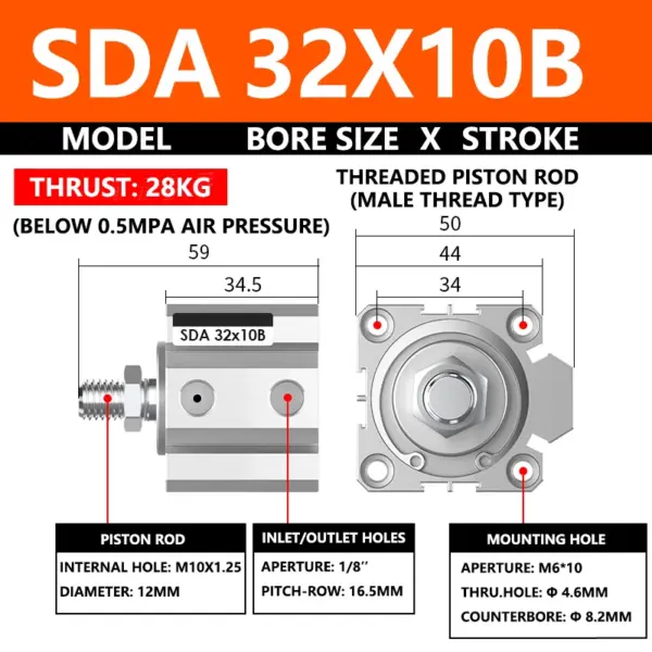 ABILKEEN SDA32X10B SDA Series Thin Air Cylinder 32MM Male Thread Bore X 10MM Stroke Double Acting Pneumatic Compact Cylinder