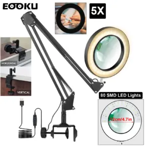 EOOKU USB 80 LED Desk Lamp with 120mm/4.72inch Large 5X Magnifier 10W Table Light for Close Working/Reading/DIY Crafting Tool