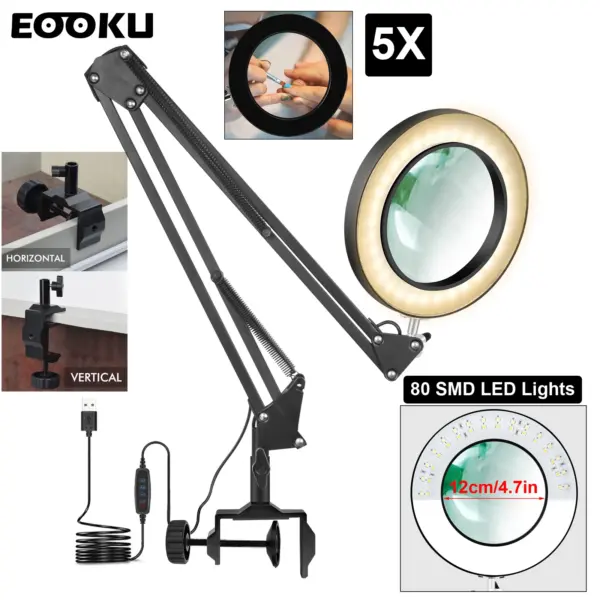EOOKU USB 80 LED Desk Lamp with 120mm/4.72inch Large 5X Magnifier 10W Table Light for Close Working/Reading/DIY Crafting Tool