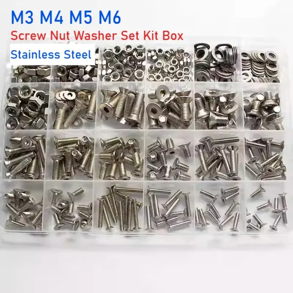 1box 201 Stainless Steel Hex Socket Countersunk Flat Head Screw Kit M3 M4 M5 M6 Allen Bolt Nut Washer Set Kit Box