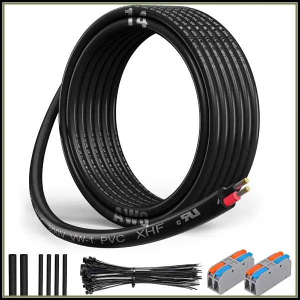 14 AWG 2 Conductor Electrical Wire Tinned Copper Stranded PVC Cord 15ft Black for Automotive Marine RV