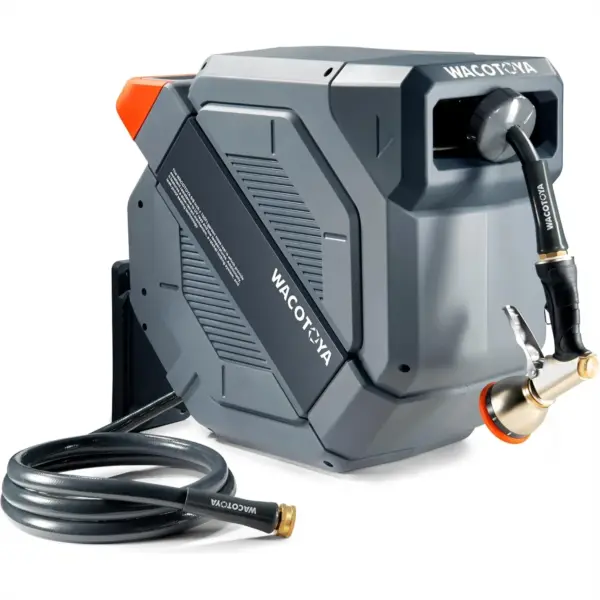 Retractable Garden Hose Reel, 5/8 in x 50 ft Heavy Duty Wall Mount with Metal Bracket & 9-Pattern Nozzle, Slow Retraction & 180°