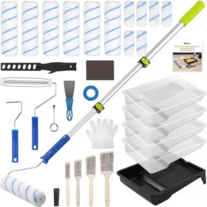 32 Piece Paint Roller Kit with Extension Pole 2 to 4 Ft 4 and 9 Inch Rollers Tray Brushes Supplies for Interior Walls Ceiling