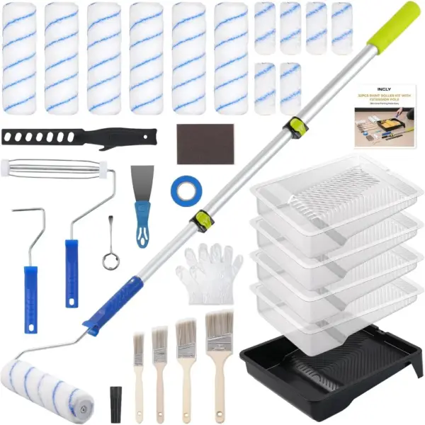 32 Piece Paint Roller Kit with Extension Pole 2 to 4 Ft 4 and 9 Inch Rollers Tray Brushes Supplies for Interior Walls Ceiling