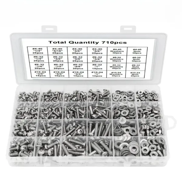 710Pcs 304 Stainless Steel American Cross Pan Head Machine Ribbon Nut/Flat Pad, Boxed Kit #4-40 #6-32 #8-32 #10-24