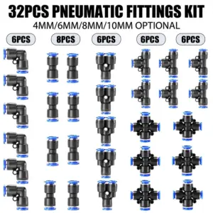 32PCS Pneumatic Fittings Kit 4mm 6mm 8mm 10mm Push to Connect Air Hose Connectors Straight Elbow Tee Y Splitter Quick Release