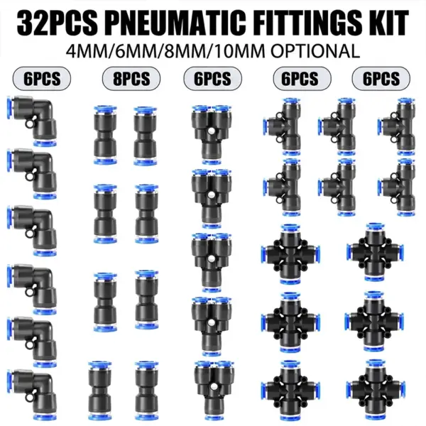 32PCS Pneumatic Fittings Kit 4mm 6mm 8mm 10mm Push to Connect Air Hose Connectors Straight Elbow Tee Y Splitter Quick Release