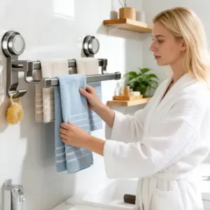 Suction Cup Towel Bar No-Drill Suction Cup Rack Removable Towel Bar For Apartment Home Bathroom Shower Glass Mirror Tile Wall