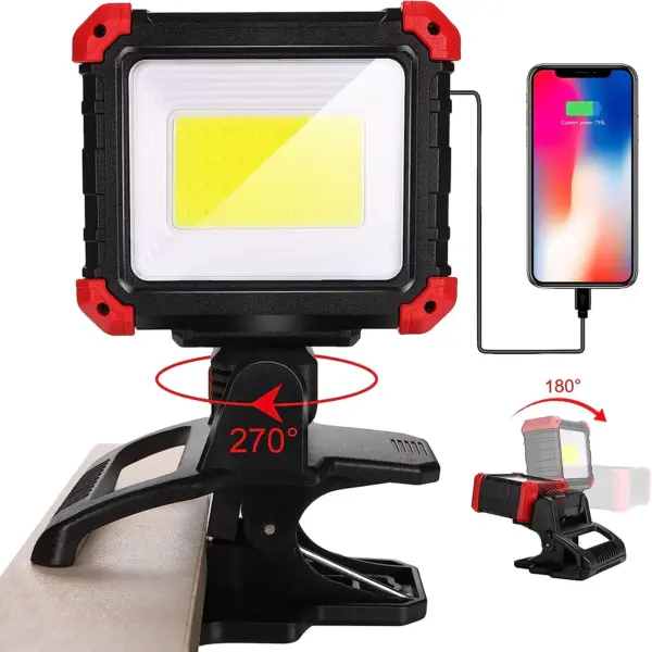 Portable Clamp LED Work Light COB Magnetic Clip on Light  270°Rotating Rechargeable 3Modes Floodlight for Car Repairing Job Site