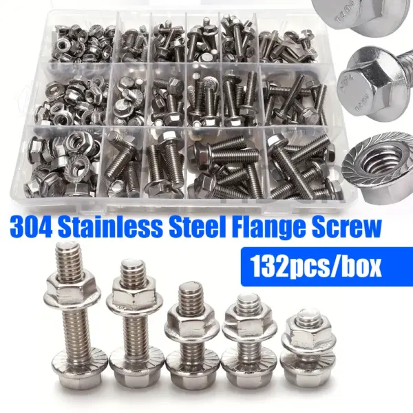 132 pcs 304 stainless steel hexagonal flange bolt and nut set, sizes M5/M6/M8, lengths: 10mm,12mm,16mm,20mm,25mm,30mm,35mm