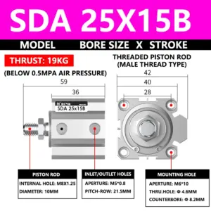 ABILKEEN SDA25X15B SDA Series Thin Air Cylinder 25MM Male Thread Bore X 15MM Stroke Double Acting Pneumatic Compact Cylinder