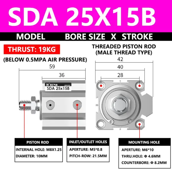 ABILKEEN SDA25X15B SDA Series Thin Air Cylinder 25MM Male Thread Bore X 15MM Stroke Double Acting Pneumatic Compact Cylinder