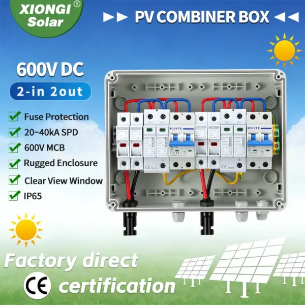 Full Copper Wire 2 in 2 out DC 600V Solar PV Combiner Box With Lightning Protection 25A Fuse MCB SPD Waterproof PVDB