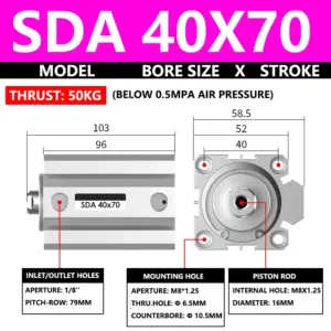 ABILKEEN SDA40X70 SDA Series Thin Air Cylinder 40MM Female Thread Bore X 70MM Stroke Double Acting Pneumatic Compact Cylinder