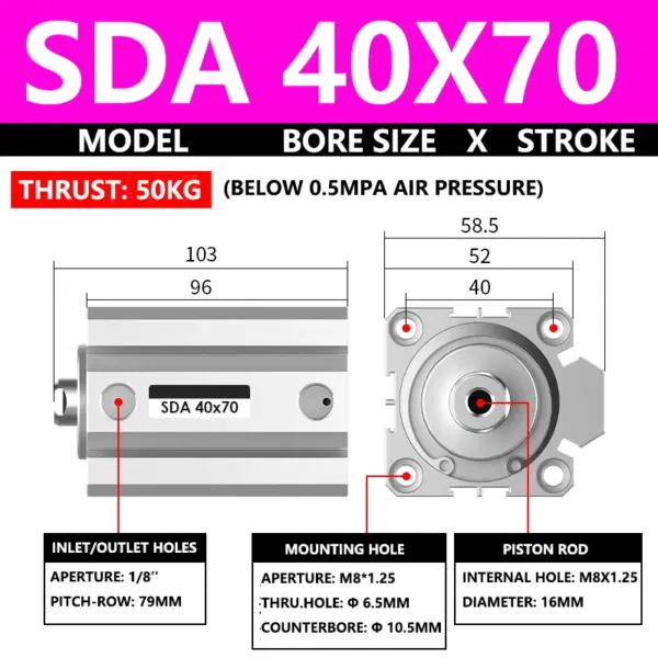 ABILKEEN SDA40X70 SDA Series Thin Air Cylinder 40MM Female Thread Bore X 70MM Stroke Double Acting Pneumatic Compact Cylinder