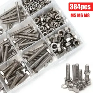 384-piece stainless steel hex bolt and nut set, M5, M6, M8, lengths 16mm, 20mm, 30mm, 40mm