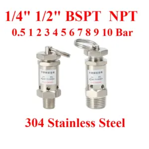 1/4" 1/2" BSPT NPT Male 0.5 1 2 3 4 5 6 7 8-10 Bar 304 Stainless Steel Safety Valve Spring Type Pressure Relief Air Release Vent