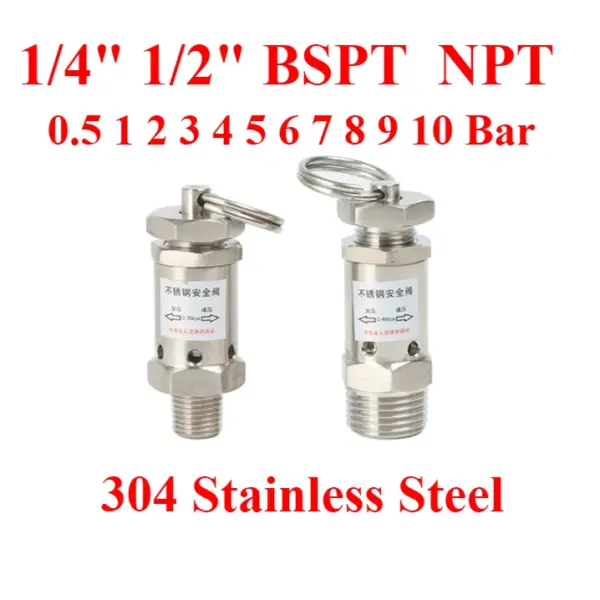 1/4" 1/2" BSPT NPT Male 0.5 1 2 3 4 5 6 7 8-10 Bar 304 Stainless Steel Safety Valve Spring Type Pressure Relief Air Release Vent