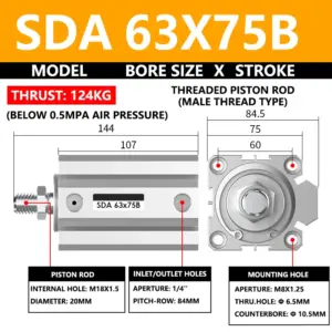 ABILKEEN SDA63X75B SDA Series Thin Air Cylinder 63MM Male Thread Bore X 75MM Stroke Double Acting Pneumatic Compact Cylinder