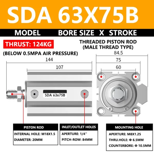 ABILKEEN SDA63X75B SDA Series Thin Air Cylinder 63MM Male Thread Bore X 75MM Stroke Double Acting Pneumatic Compact Cylinder