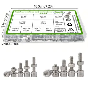 480-piece stainless steel socket head cap bolt and nut set, M3/M4, lengths 8mm, 12mm, 16mm, 20mm, for industrial equipment.
