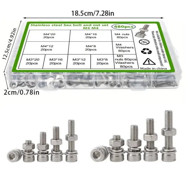 480-piece stainless steel socket head cap bolt and nut set, M3/M4, lengths 8mm, 12mm, 16mm, 20mm, for industrial equipment.