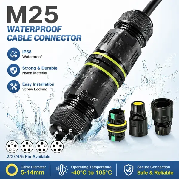 M25 Inline Waterproof Connector 2pin 3pin 4pin 5pin Electrical Wire Screw Terminal Gland Coupler 5-14mm Cable Outdoor Lighting