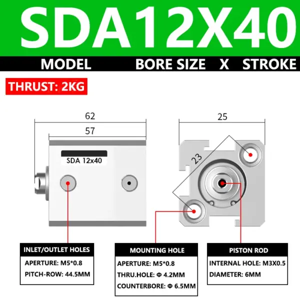 ABILKEEN SDA12X40 SDA Series Thin Air Cylinder 12MM Female Thread Bore X 40MM Stroke Double Acting Pneumatic Compact Cylinder