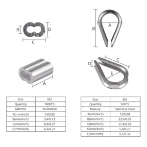 A76K Cable Ferrule 100Pcs 1/8Inch Crimping Loop Sleeve Crimps 50Pcs M3 Stainless Steel Thimble Rigging For Wire Rope Cable