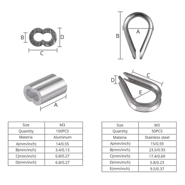 A76K Cable Ferrule 100Pcs 1/8Inch Crimping Loop Sleeve Crimps 50Pcs M3 Stainless Steel Thimble Rigging For Wire Rope Cable
