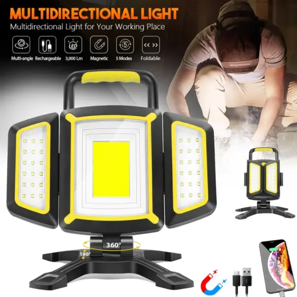 Foldable Rechargeable Work Light Portable Magnetic LED Floodlight Powerbank Lantern Cordless Job Site Light For Garage Camping