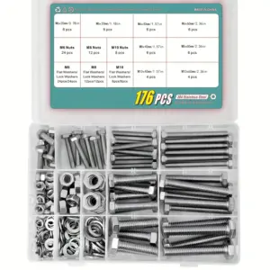 M6 M8 M10 Heavy Duty Bolts and Nuts Assortment Kit, 304 Stainless Steel, Includes 8 Most Common Sizes