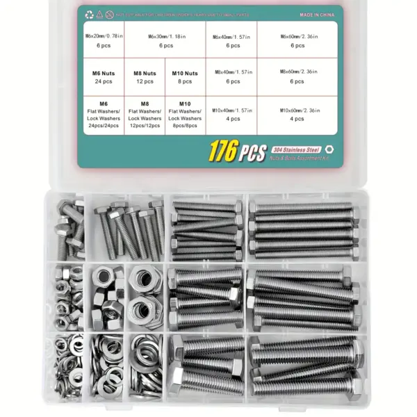 M6 M8 M10 Heavy Duty Bolts and Nuts Assortment Kit, 304 Stainless Steel, Includes 8 Most Common Sizes
