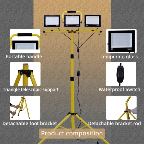 30000 Lumen LED Work Light with Stand - 3 Head Portable flood light for Job Site Workshop Garage Construction Site Lighting