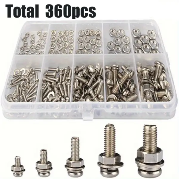 360-piece stainless steel Phillips head machine bolt and nut set, M3/M4/M5, suitable for DIY and home repair and maintenance.