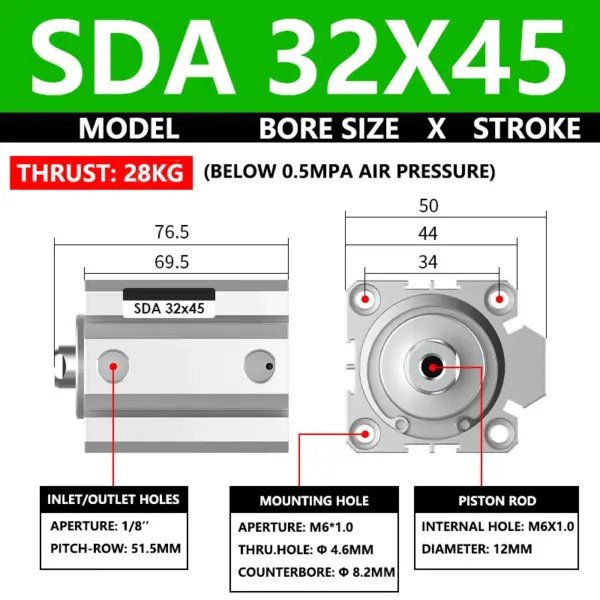 ABILKEEN SDA32X45 SDA Thin Air Pneumatic Cylinder 32MM Female Thread Bore X 45MM Stroke Double Acting Pneumatic Compact Cylinder
