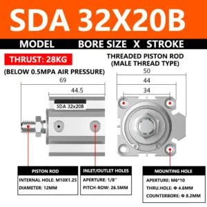 ABILKEEN SDA32X20B SDA Series Thin Air Cylinder 32MM Male Thread Bore X 20MM Stroke Double Acting Pneumatic Compact Cylinder