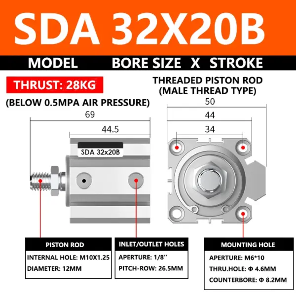 ABILKEEN SDA32X20B SDA Series Thin Air Cylinder 32MM Male Thread Bore X 20MM Stroke Double Acting Pneumatic Compact Cylinder