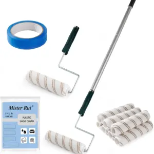 9-Inch Microfiber Paint Roller Set with Extension Pole, Frame, Drop Cloth & Tape for Wall Painting