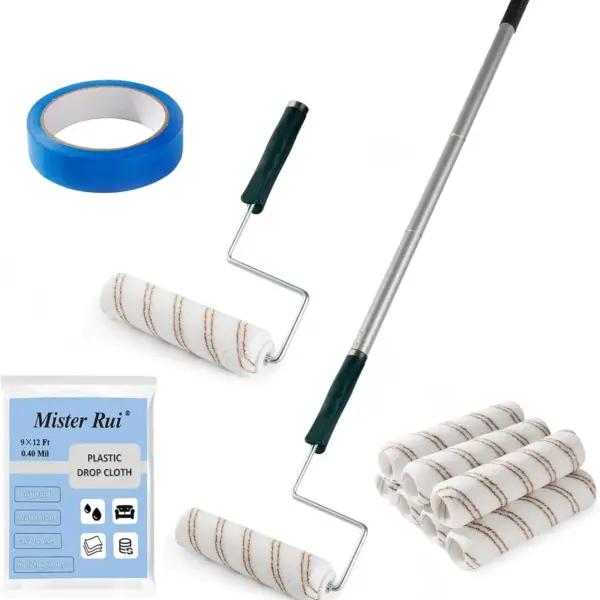 9-Inch Microfiber Paint Roller Set with Extension Pole, Frame, Drop Cloth & Tape for Wall Painting