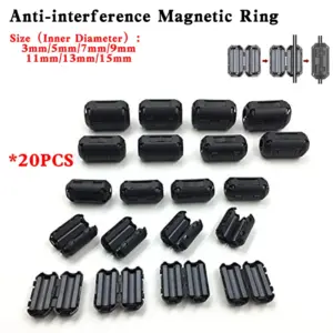 20Pcs 3.5/5/7/9/13/15mm Ring Core Ferrite Bead Clamp Choke Coil EMI RFI Noise Filter Clip Snap Cable for Black Magnetic Snap-on