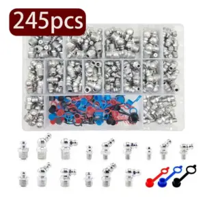 245Pcs Grease Nipple Fittings Kit M6 M8 M10 1/4-28 1/8-27 Glib Zerk Straight 90 Degree 45 Degree Angled with Plastic Plug  Cover