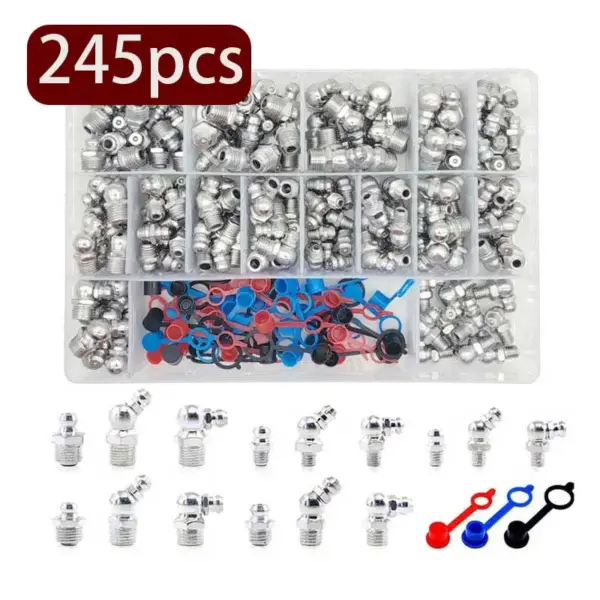245Pcs Grease Nipple Fittings Kit M6 M8 M10 1/4-28 1/8-27 Glib Zerk Straight 90 Degree 45 Degree Angled with Plastic Plug  Cover