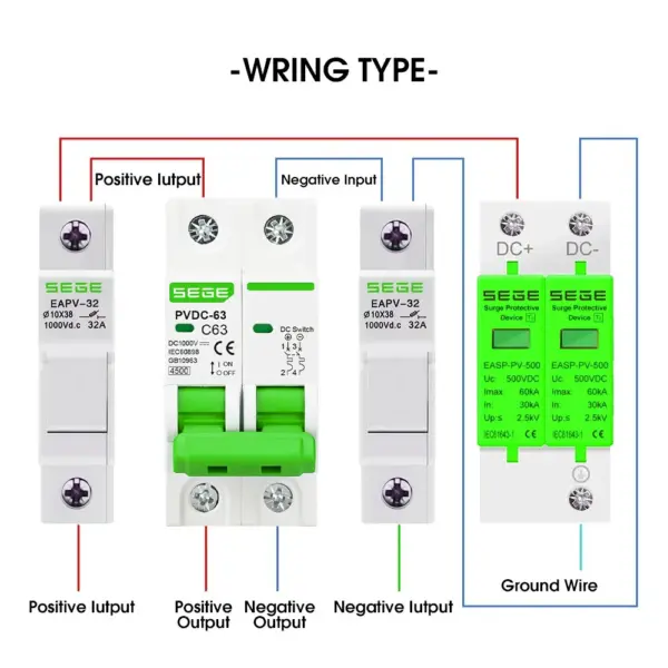 DC 1000V Solar Mini Circuit Breaker Overload Protection Switch 32A/63A 2P DC1000V Photovoltaic MCB PV