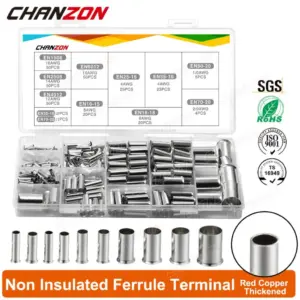 10 Values Kit Red Copper Ferrule Non Insulated Cord End Electrical Terminals Cable Crimp Sleeve Wire Connectors Crimping Tool