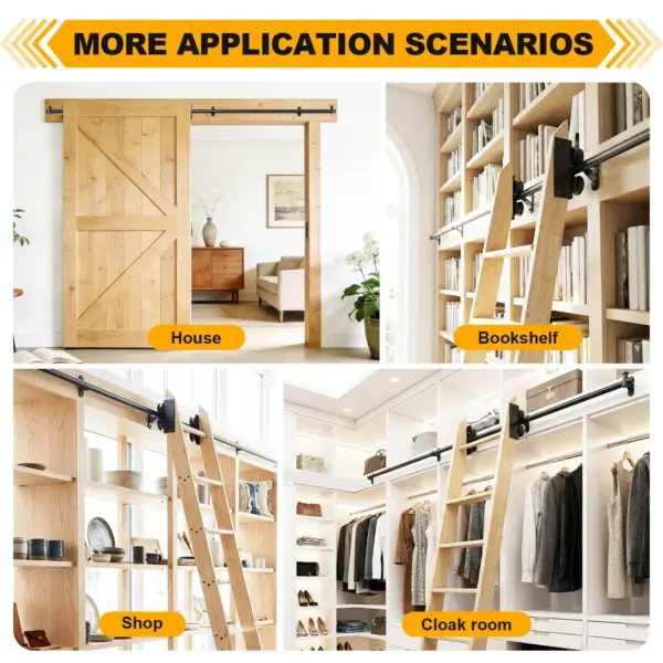 20FT Sliding Library Ladder Hardware Kit with Floor Roller Wheels Telescopic Top Hook Sliding Library Extention Track Kit