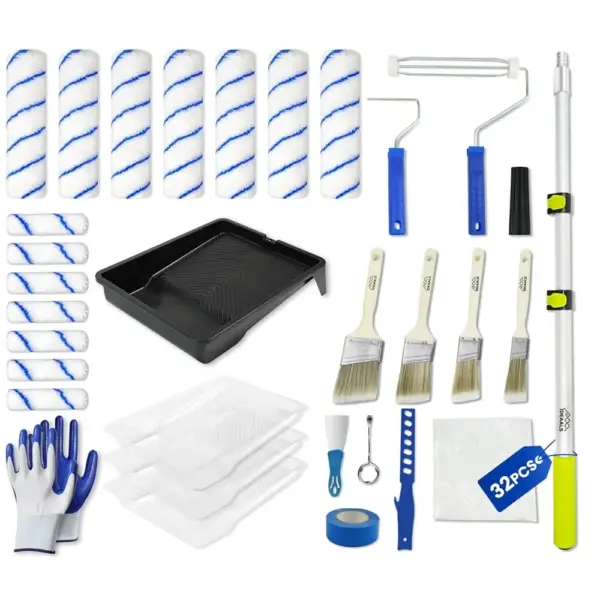 32PCS Paint Roller Kit with Extension Pole - 2 to 4 FT Pole, 4 inch 9 inch Paint Rollers, Paint Brushes for Walls, Painters T